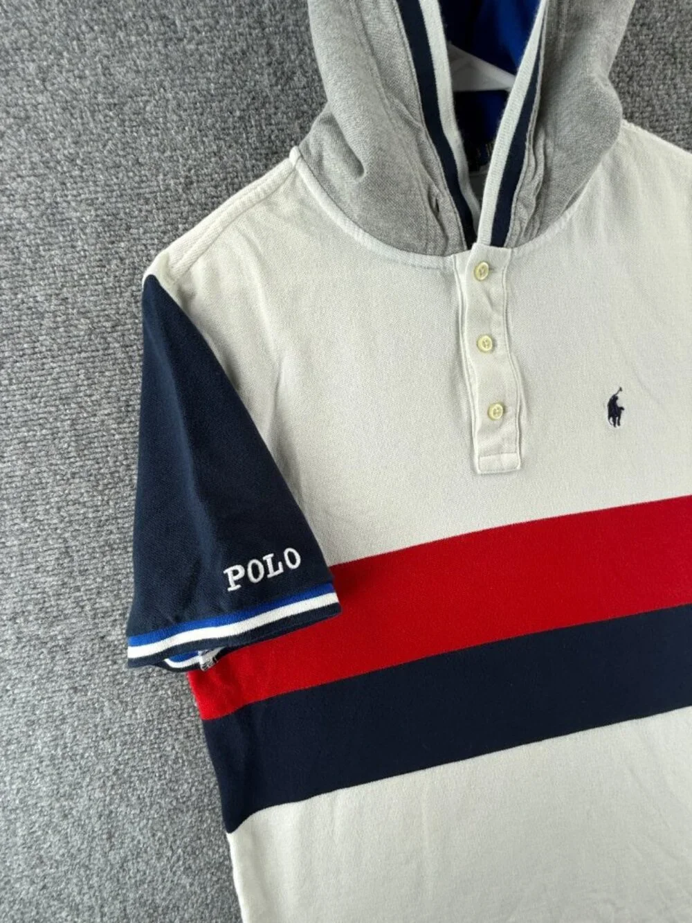 Polo Ralph Lauren Small Hooded Striped Red White Blue Polo Shirt Knit Mesh